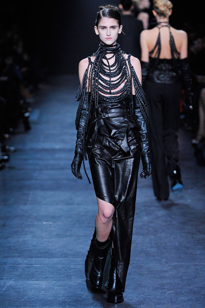 black leather fitted dress with gloves