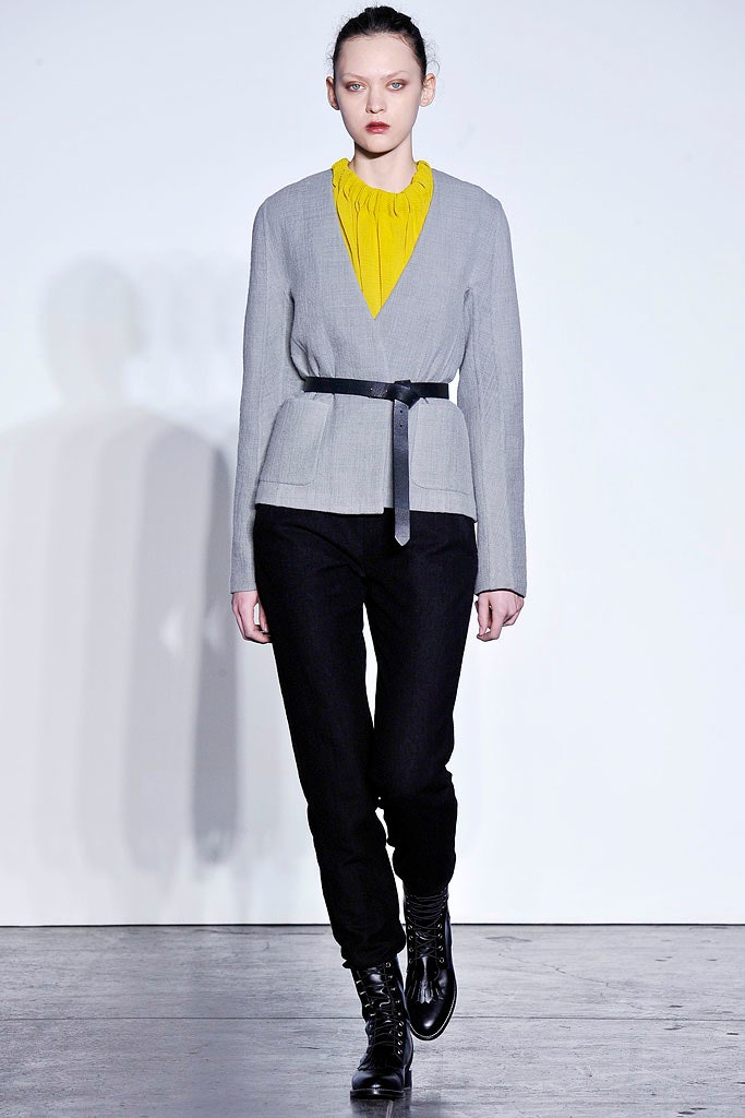 gray tailored blazer with yellow top