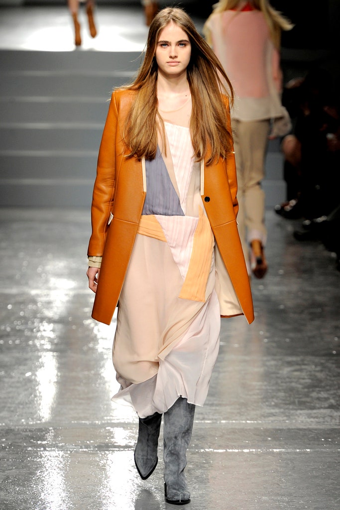 brown leather long-sleeve collared tailored buttoned coat