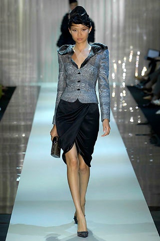 gray embroidered blazer with black skirt