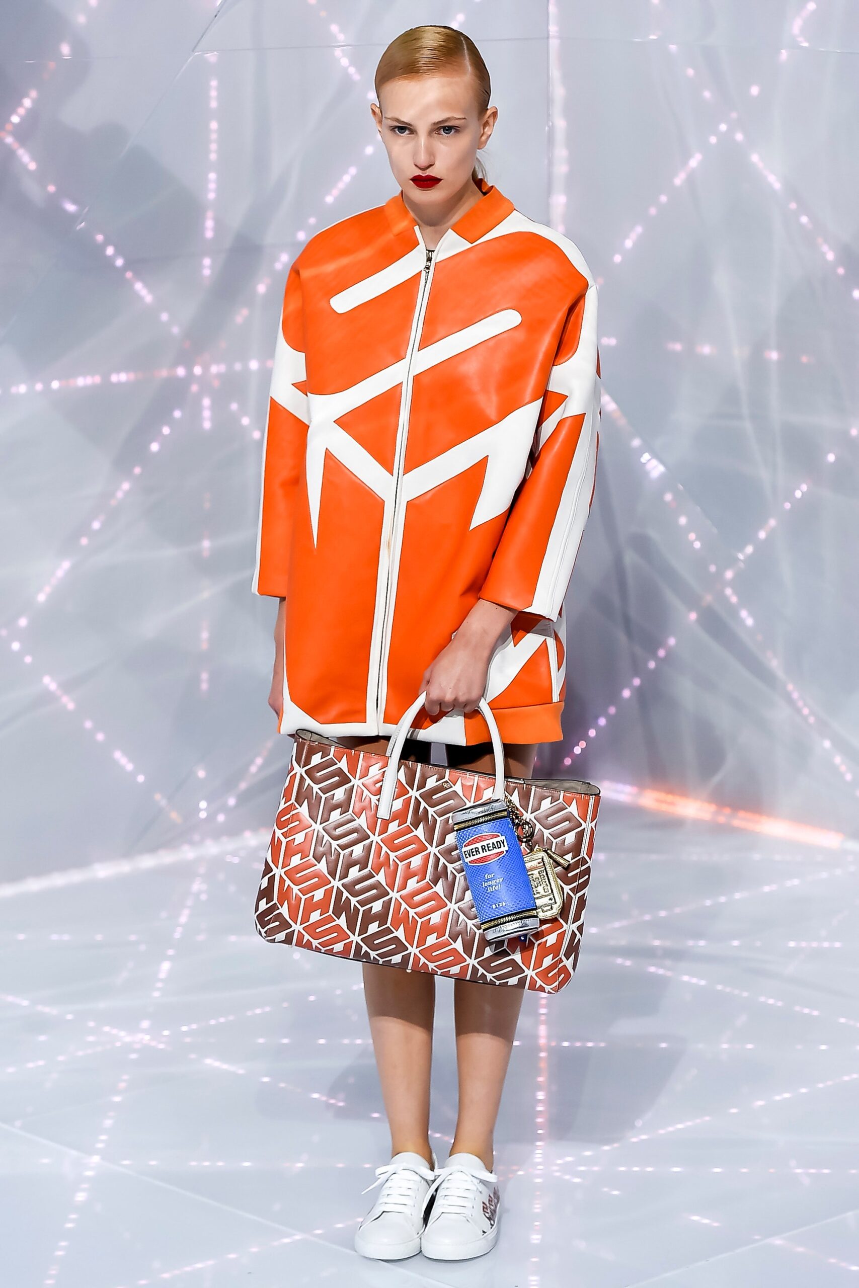 orange and white color-blocked coat