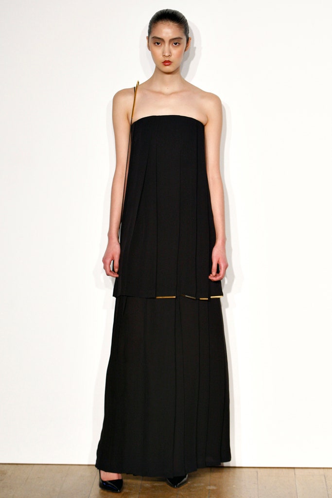 black strapless layered maxi gown