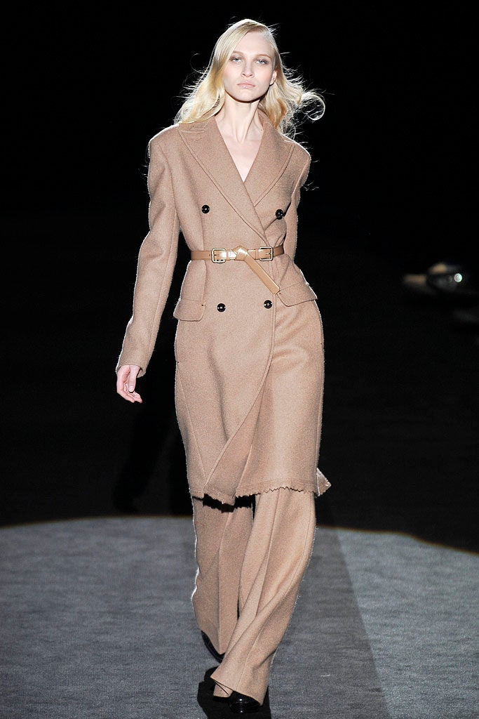beige wool long-sleeve collared fitted belted suit