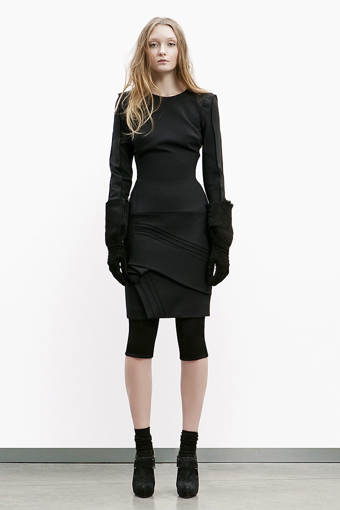 black fitted midi dress with gloves
