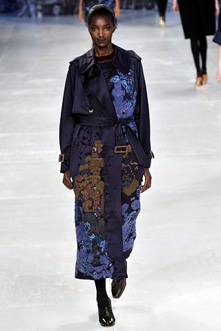 blue silk embroidered maxi dress and black coat