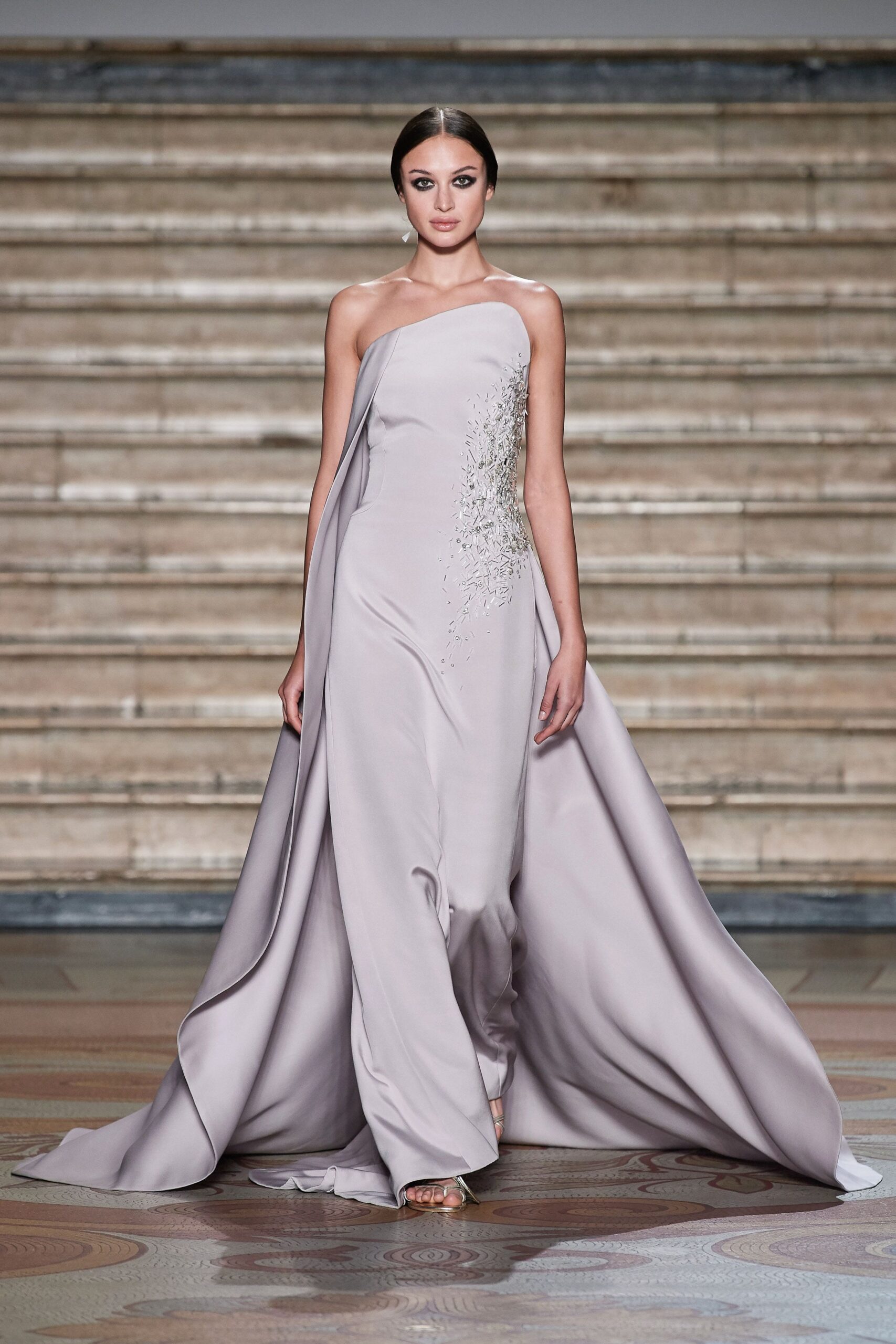gray silk sleeveless gown