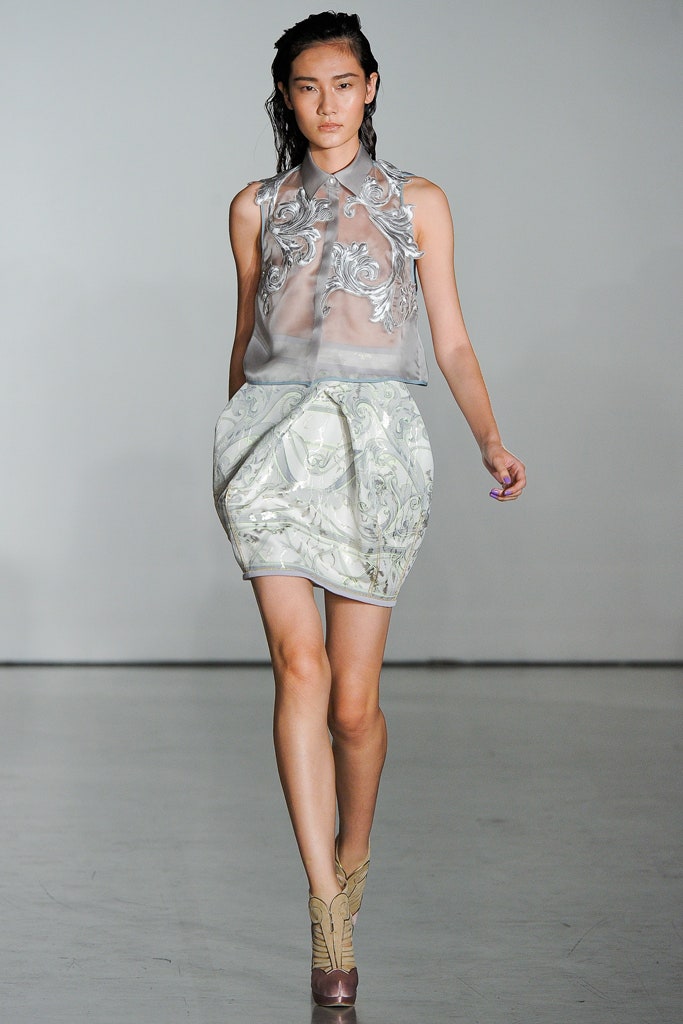 sheer embroidered top with multi skirt