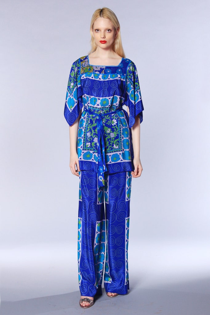 blue and green printed jumpsuit