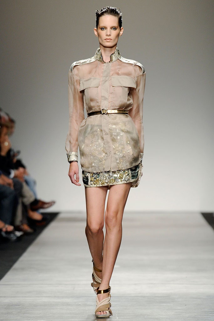 beige silk shirt-dress with gold belt