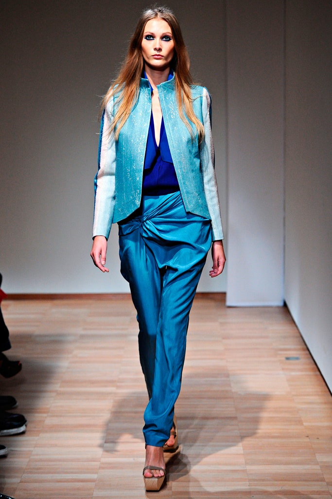 blue silk fitted jacket and top