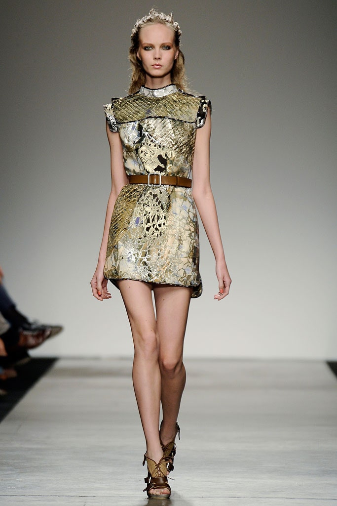 gold silk sleeveless high-neck fitted embellished a-line dress
