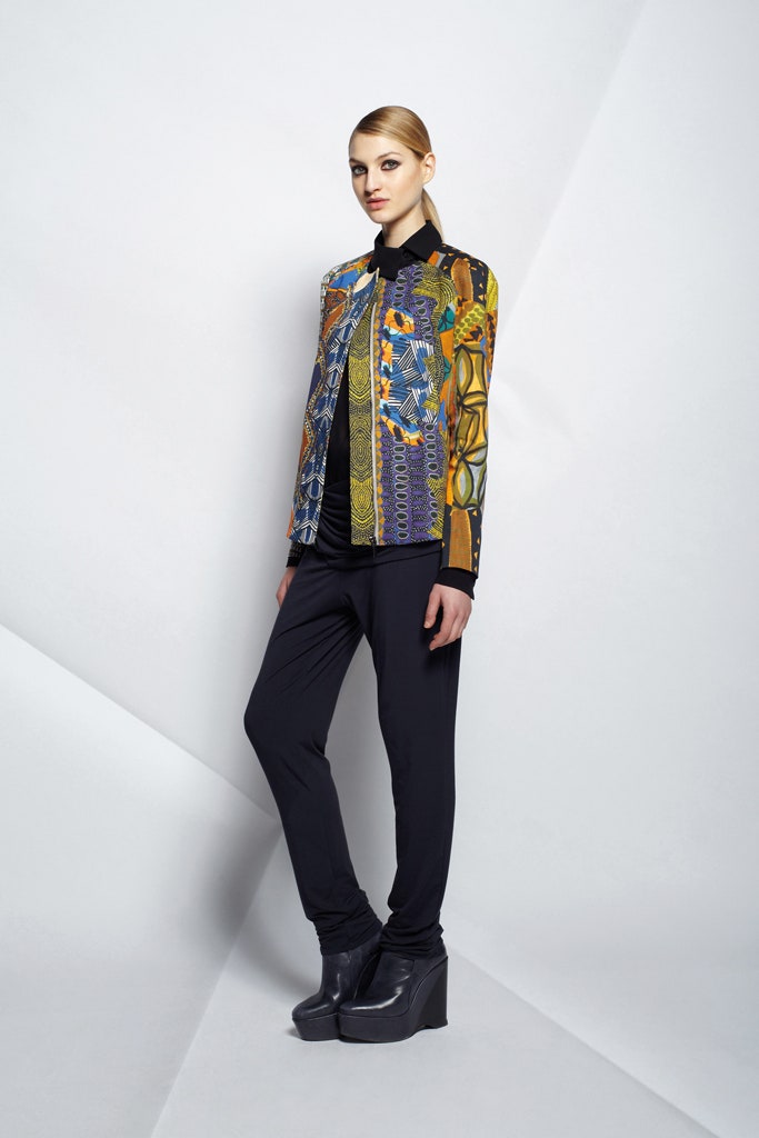 multi-colored fitted jacket with black pants