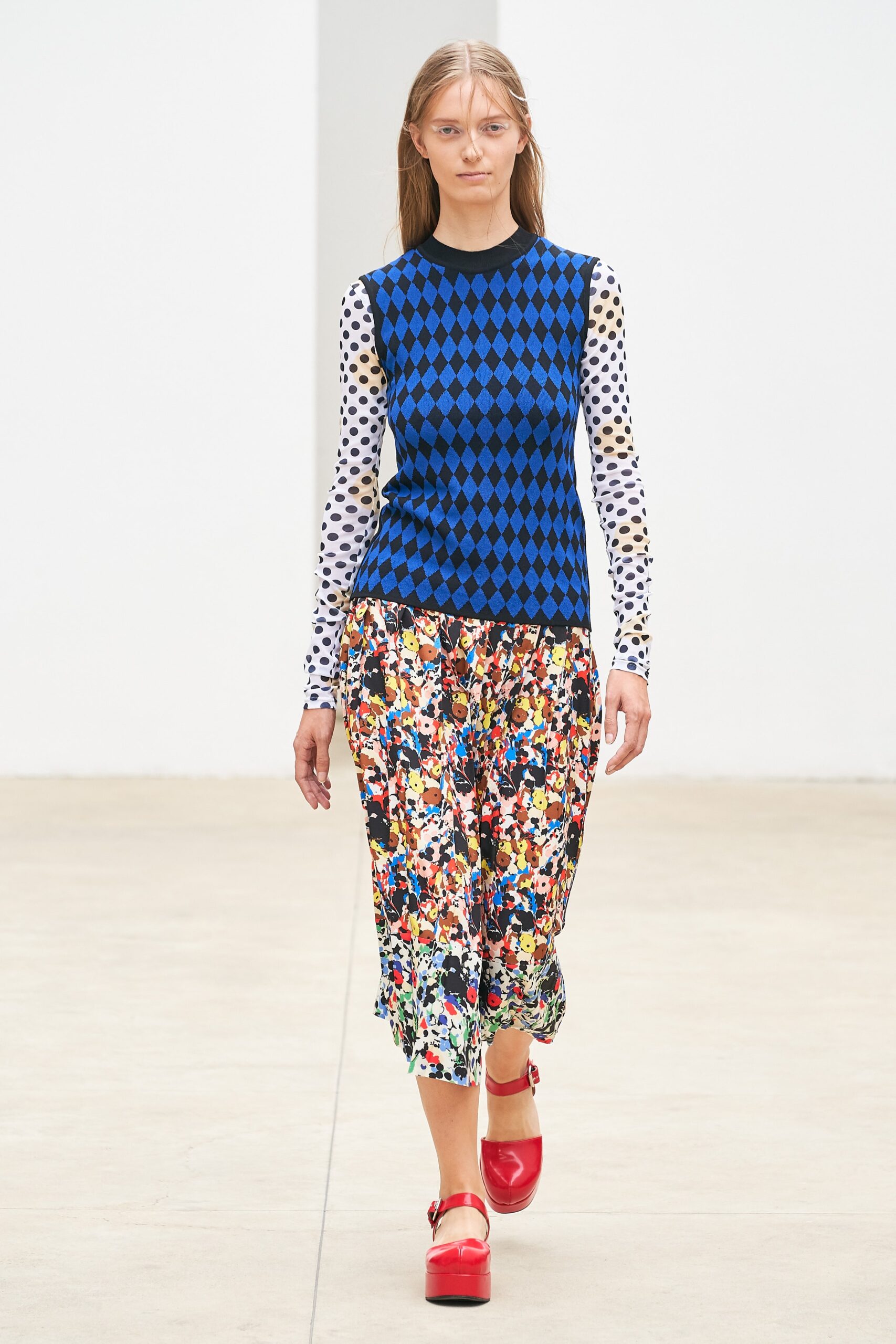 blue printed top with multi skirt