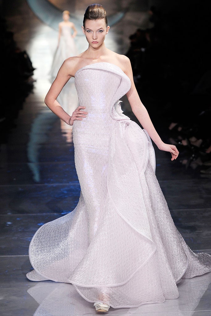 white strapless draped gown