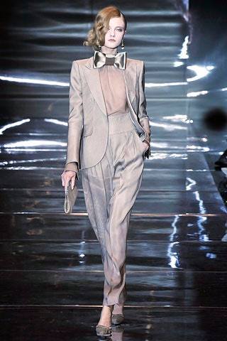 beige tailored suit with sheer top