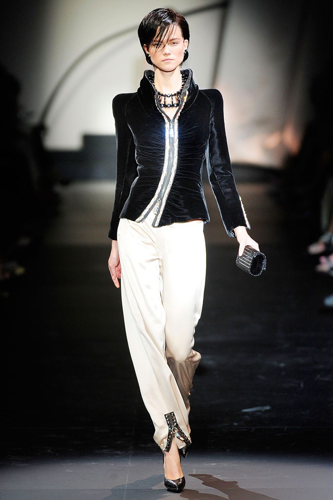 black velvet fitted jacket with white silk pants