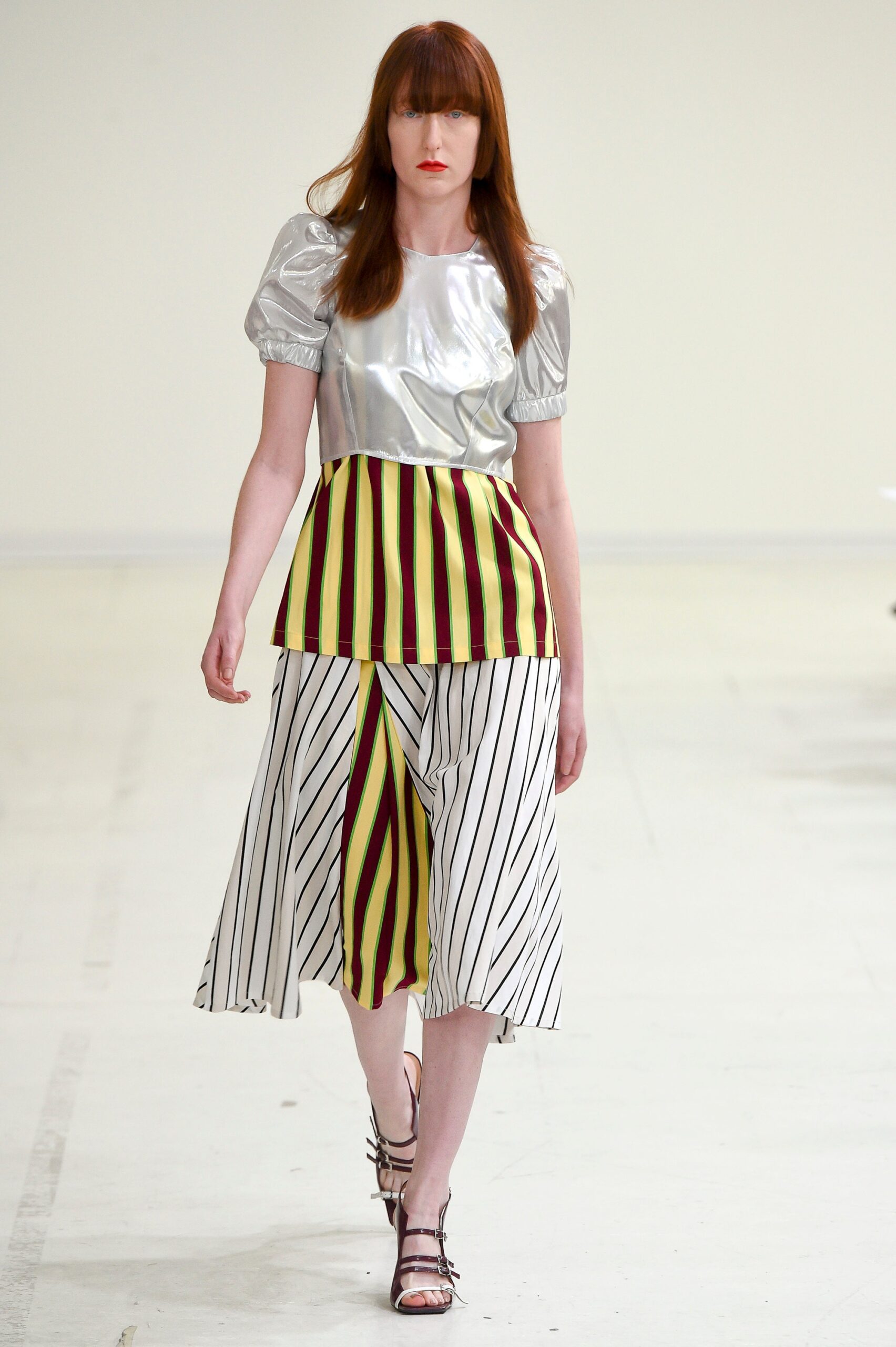silver satin top with striped midi skirt
