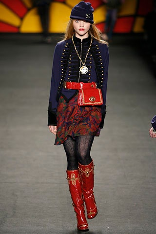 blue fitted jacket with red skirt