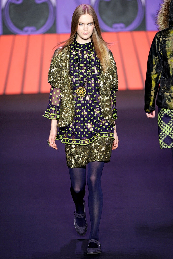 purple printed mini dress with gold coat