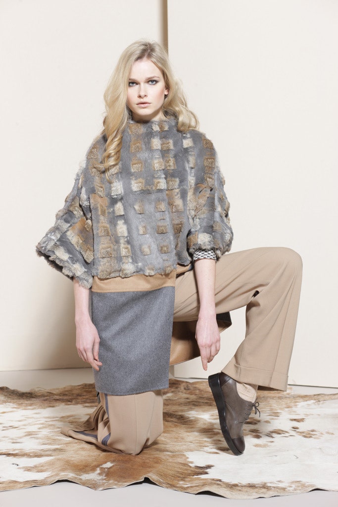 gray fur top with pencil skirt