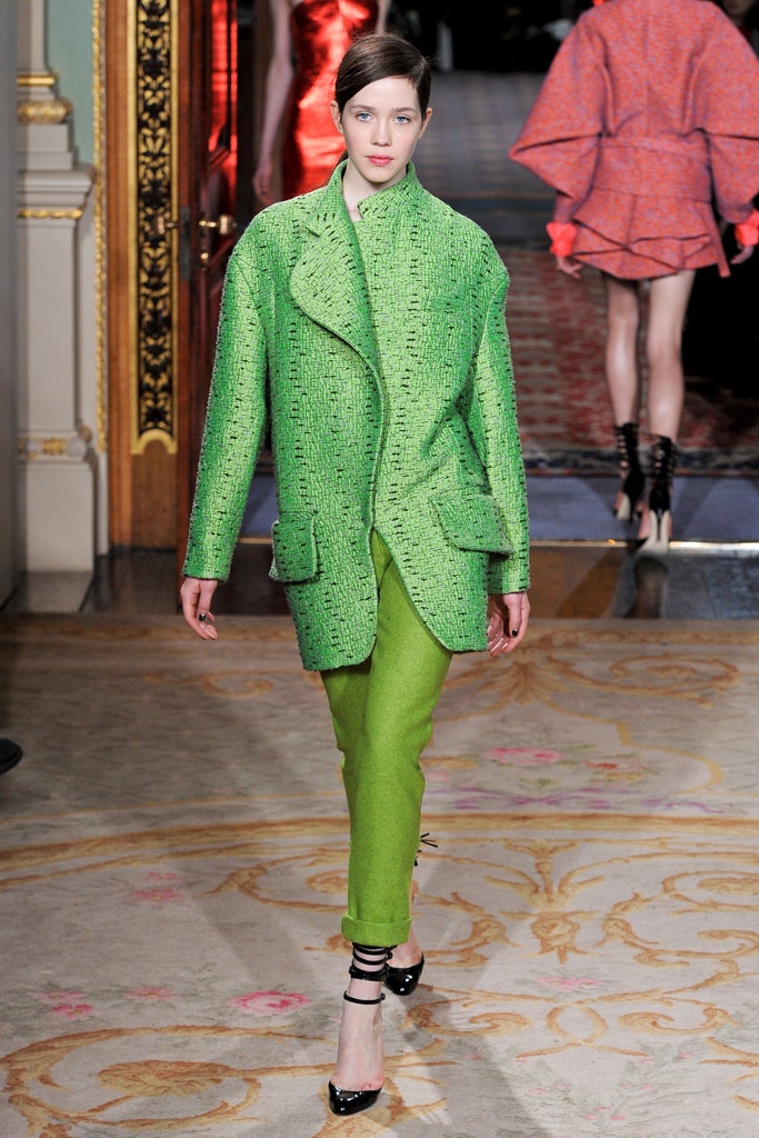 green tweed structured jacket and tailored pants