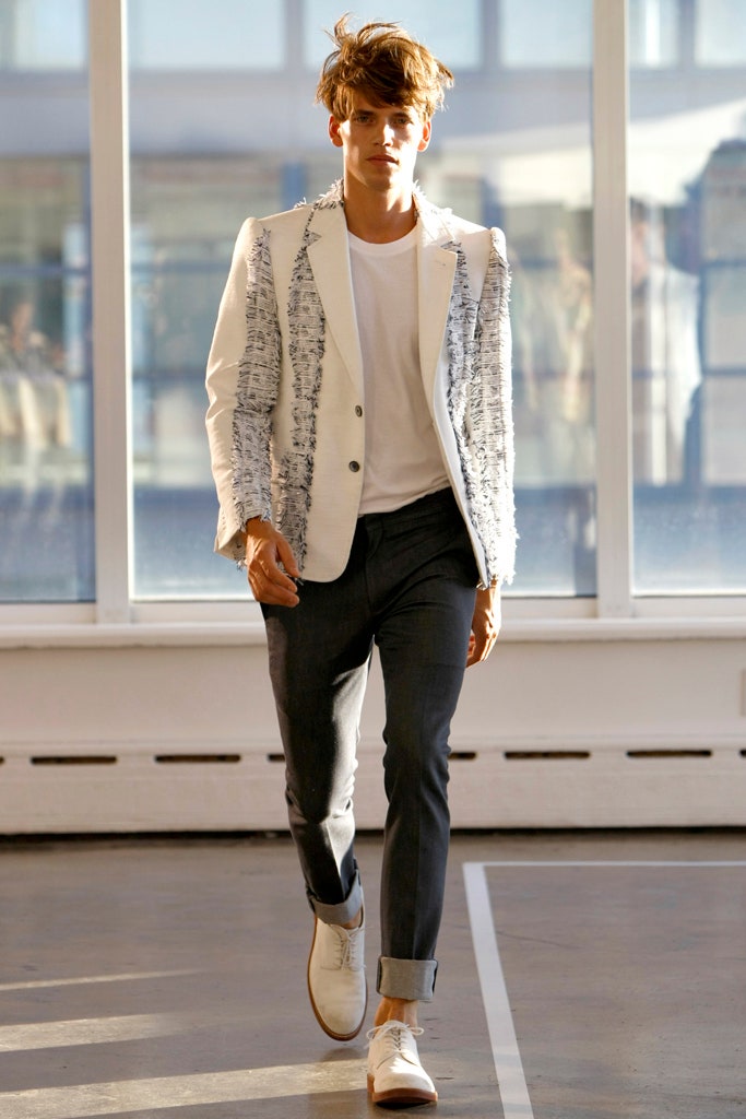 white cotton long-sleeve collared tailored buttoned layered blazer