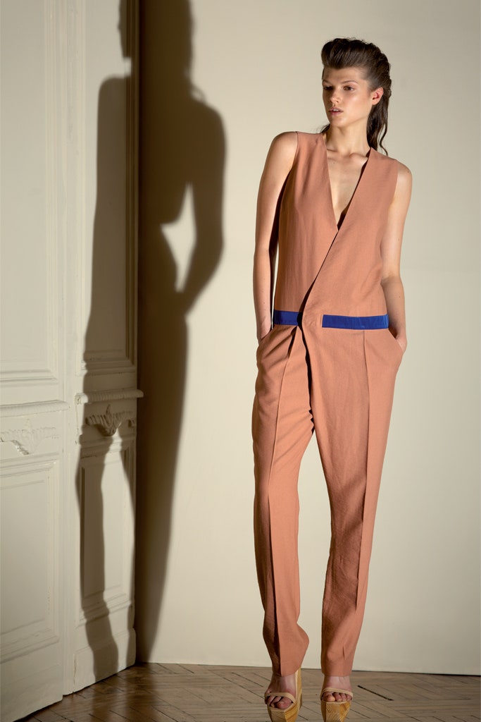 beige fitted sleeveless jumpsuit
