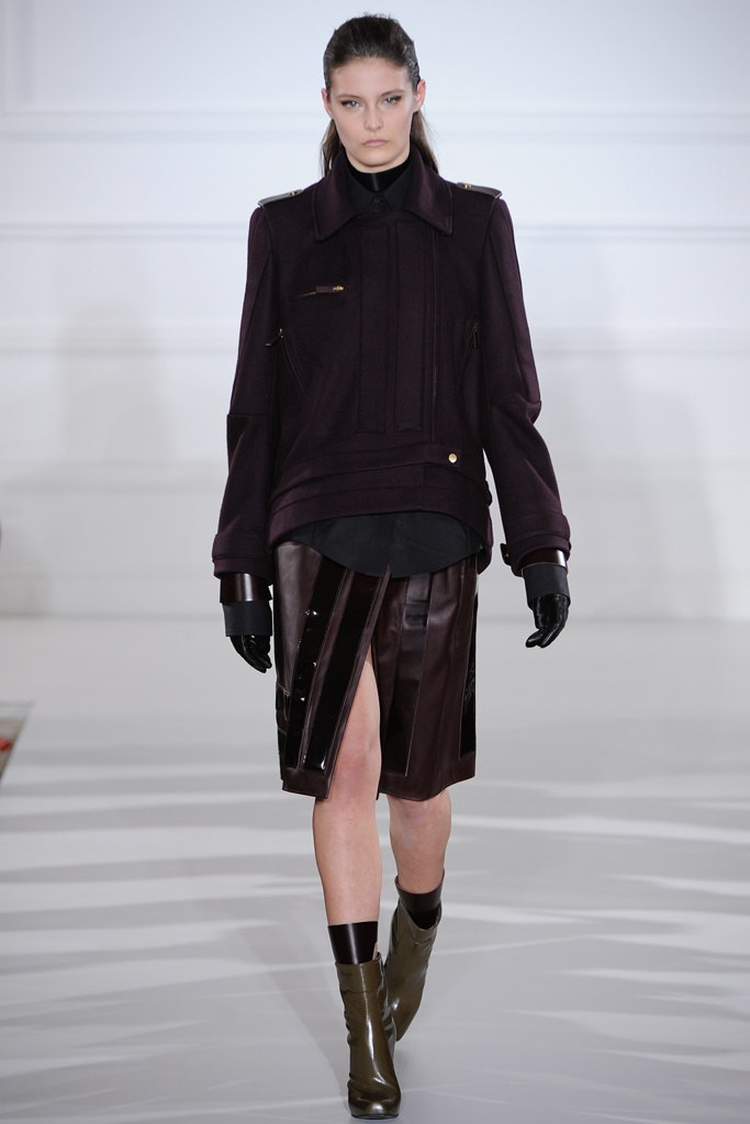 purple structured jacket with brown skirt