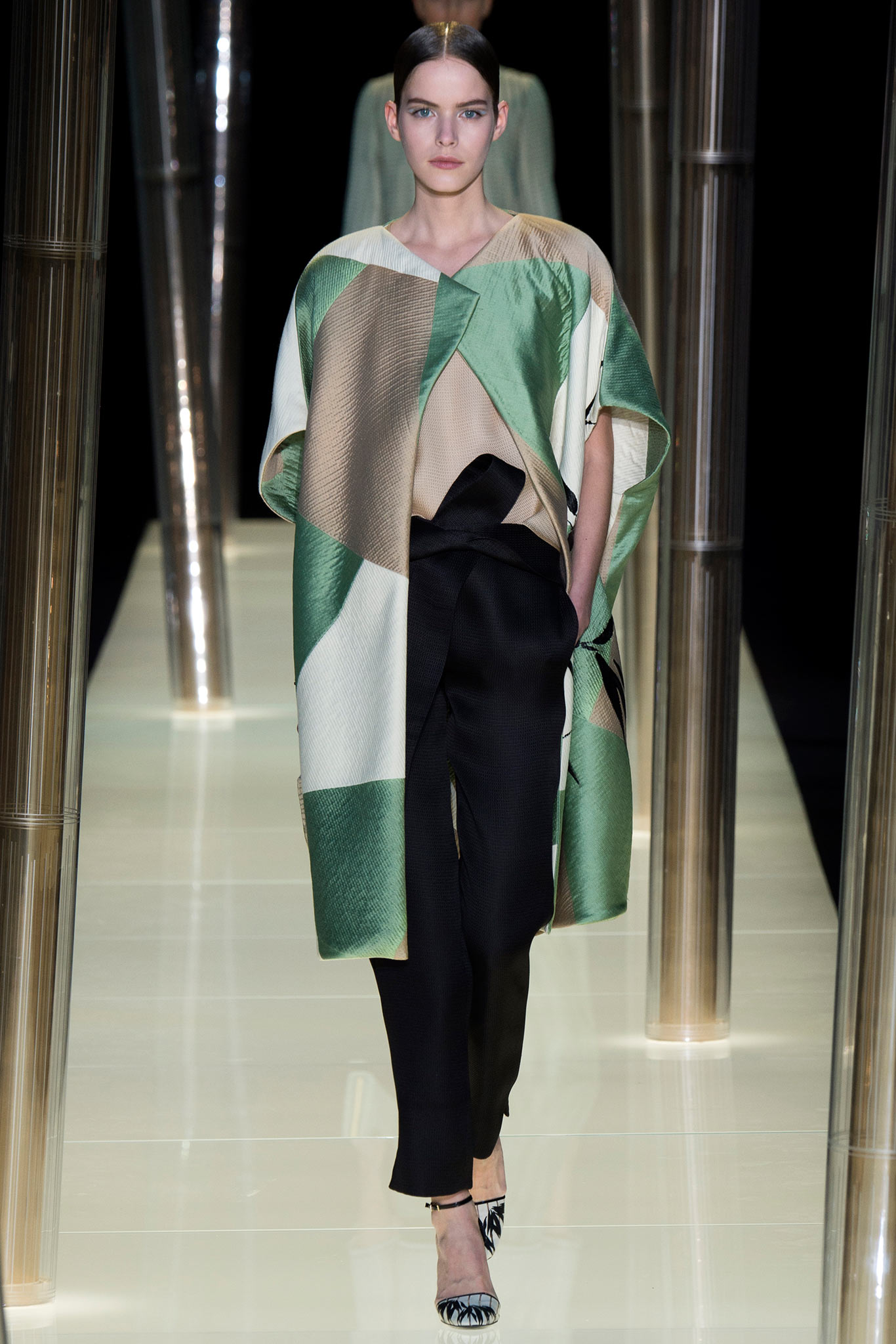 color-blocked silk coat and fitted pants