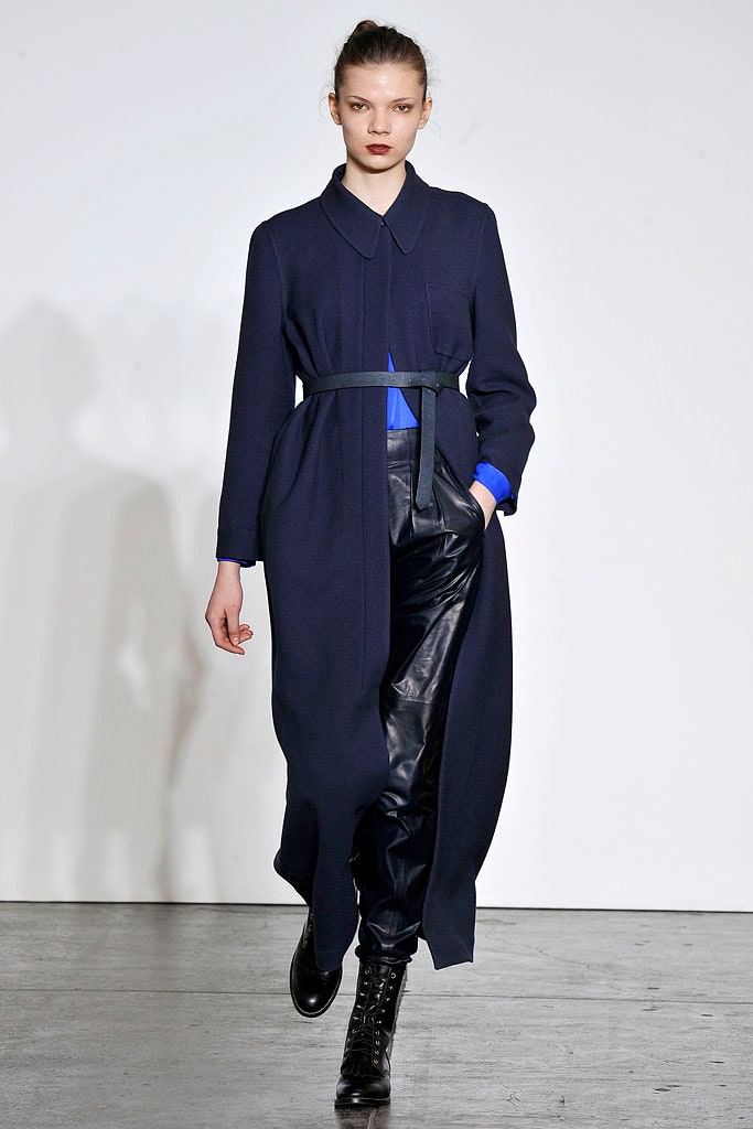 blue wool long-sleeve collared relaxed belted maxi coat