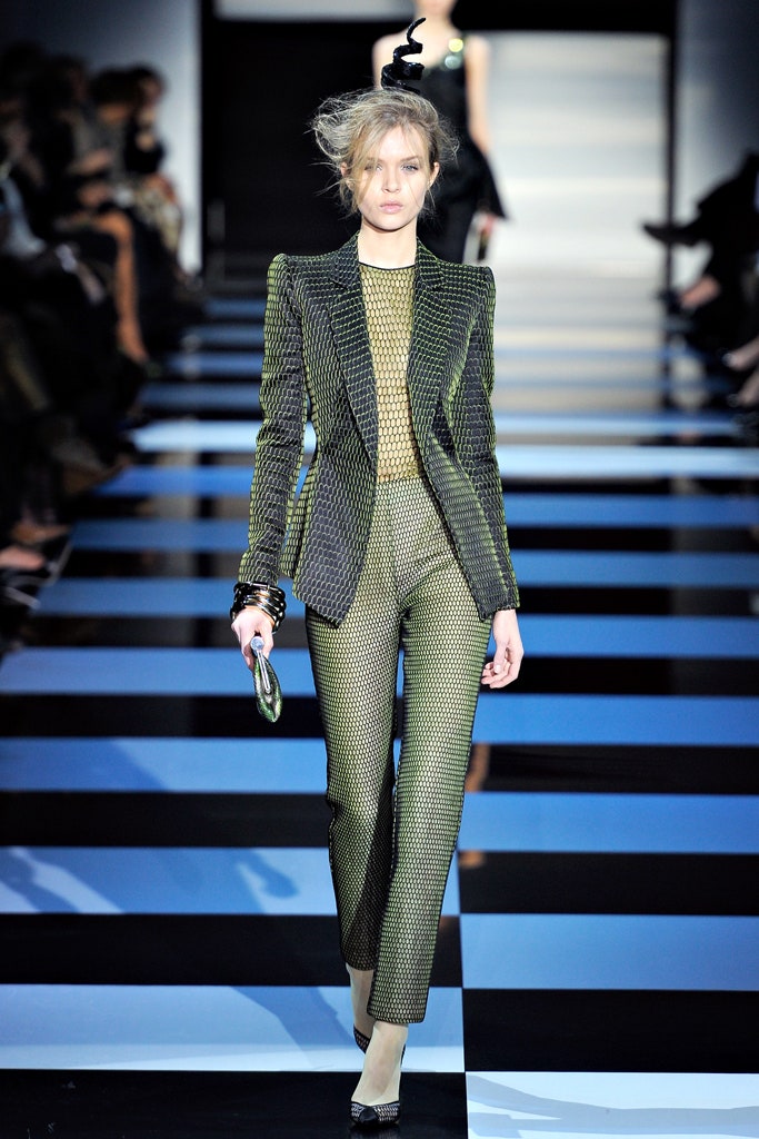 fitted green silk suit