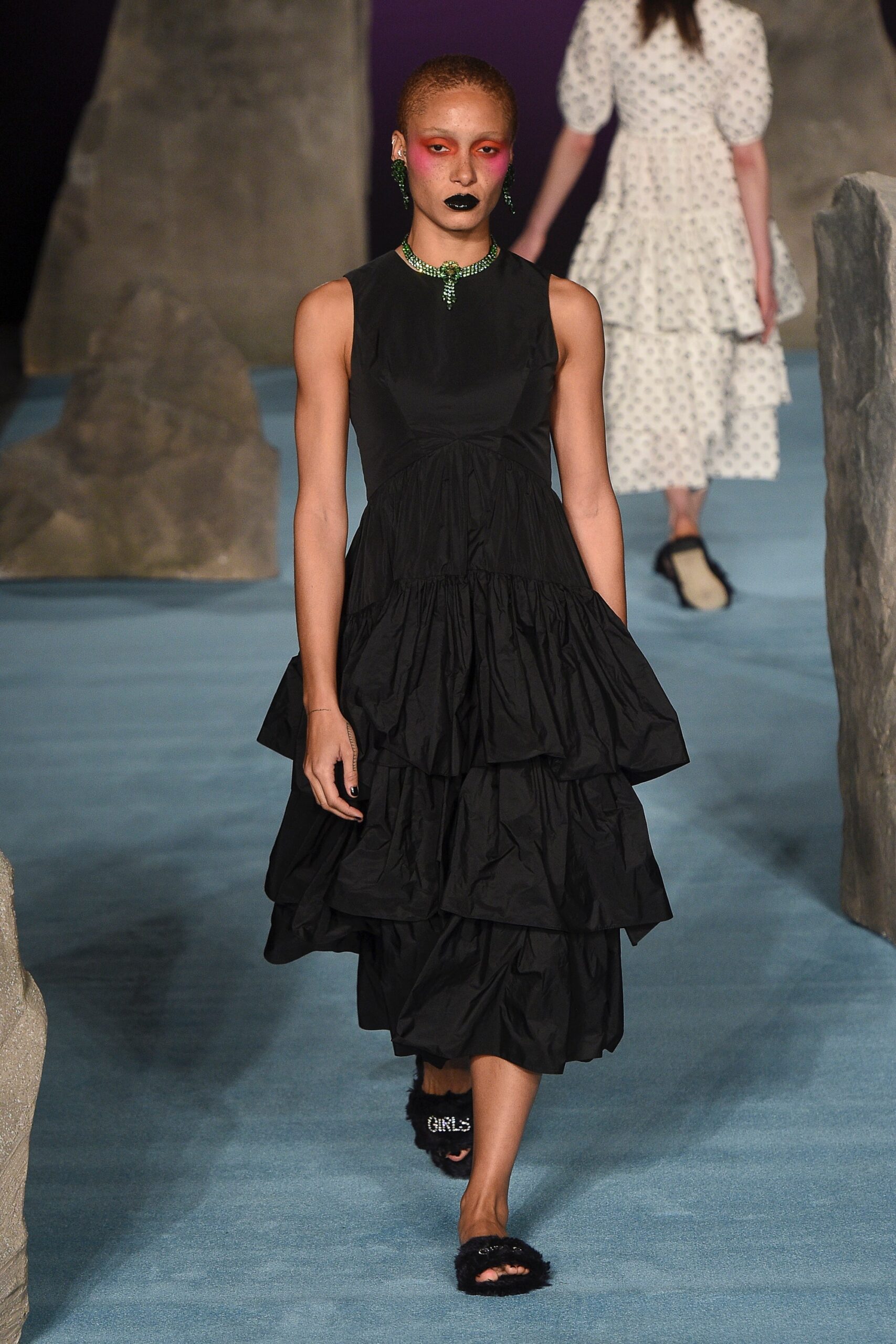 black tiered sleeveless dress