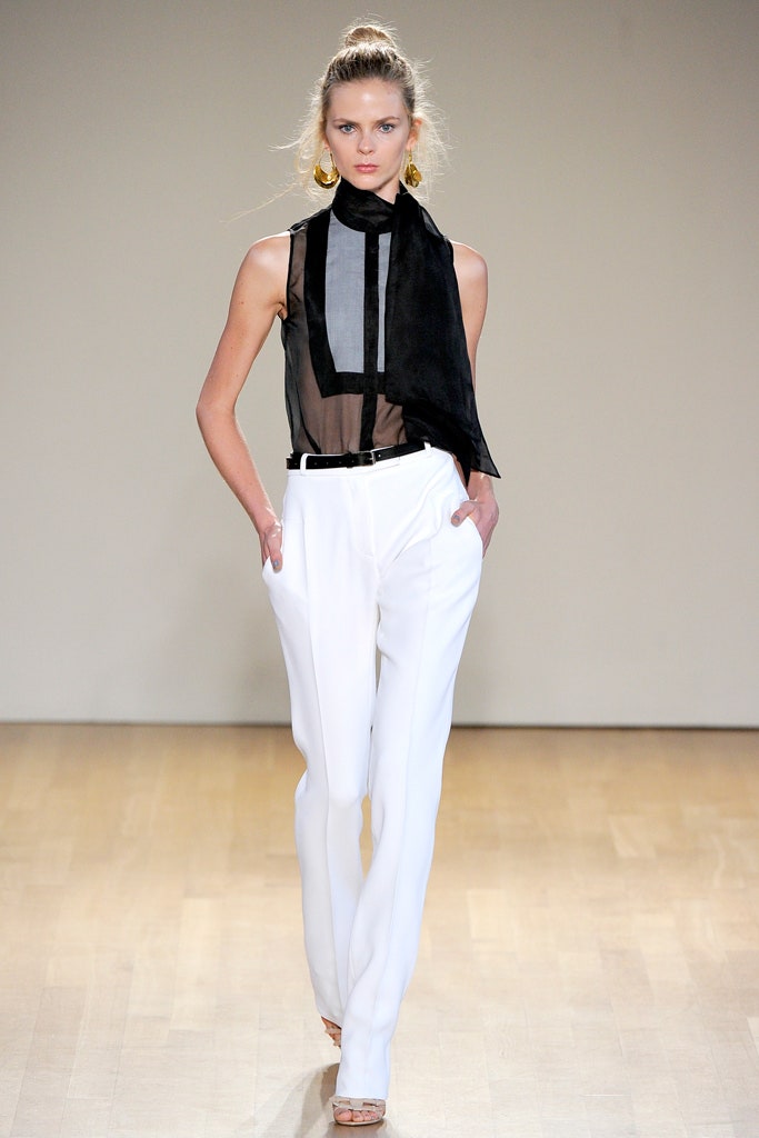 black and white fitted top with tailored pants