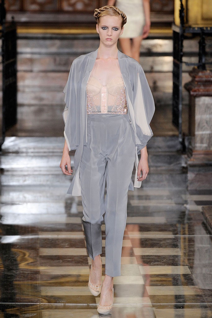 gray silk sleeveless v-neck fitted zippered sheer jumpsuit