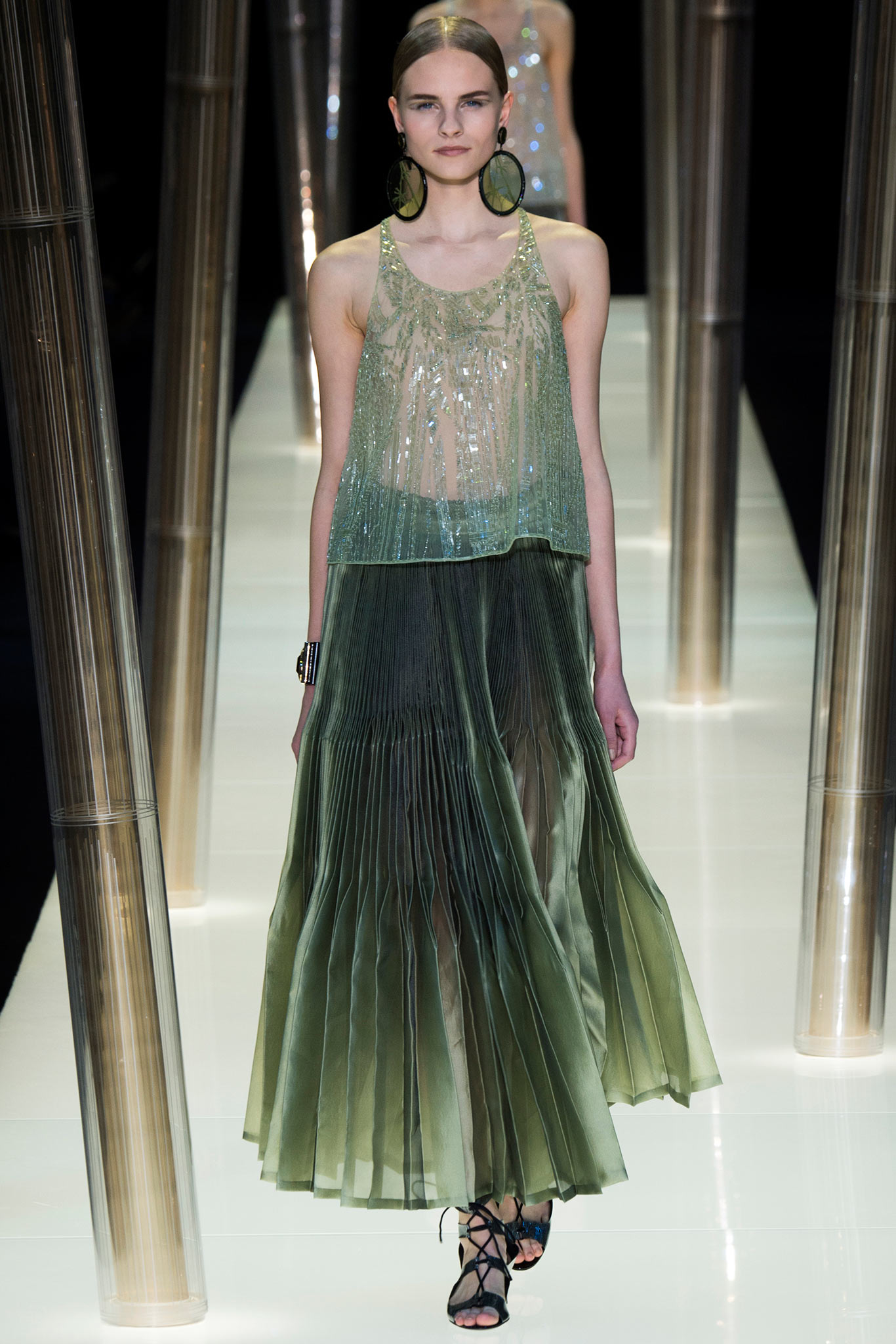 green silk sleeveless high-neck relaxed pleated sequined top