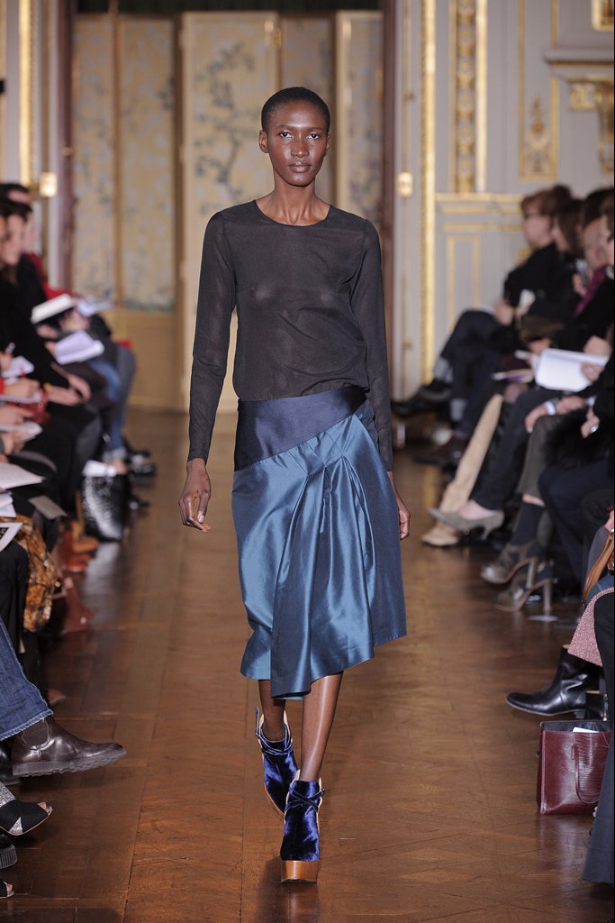 black silk fitted top with blue skirt