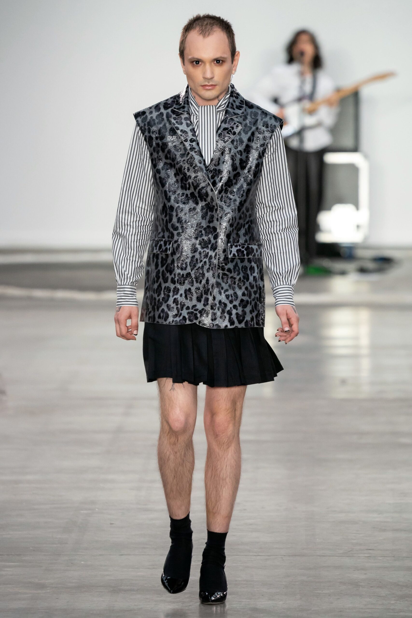 gray animal-print vest with striped shirt