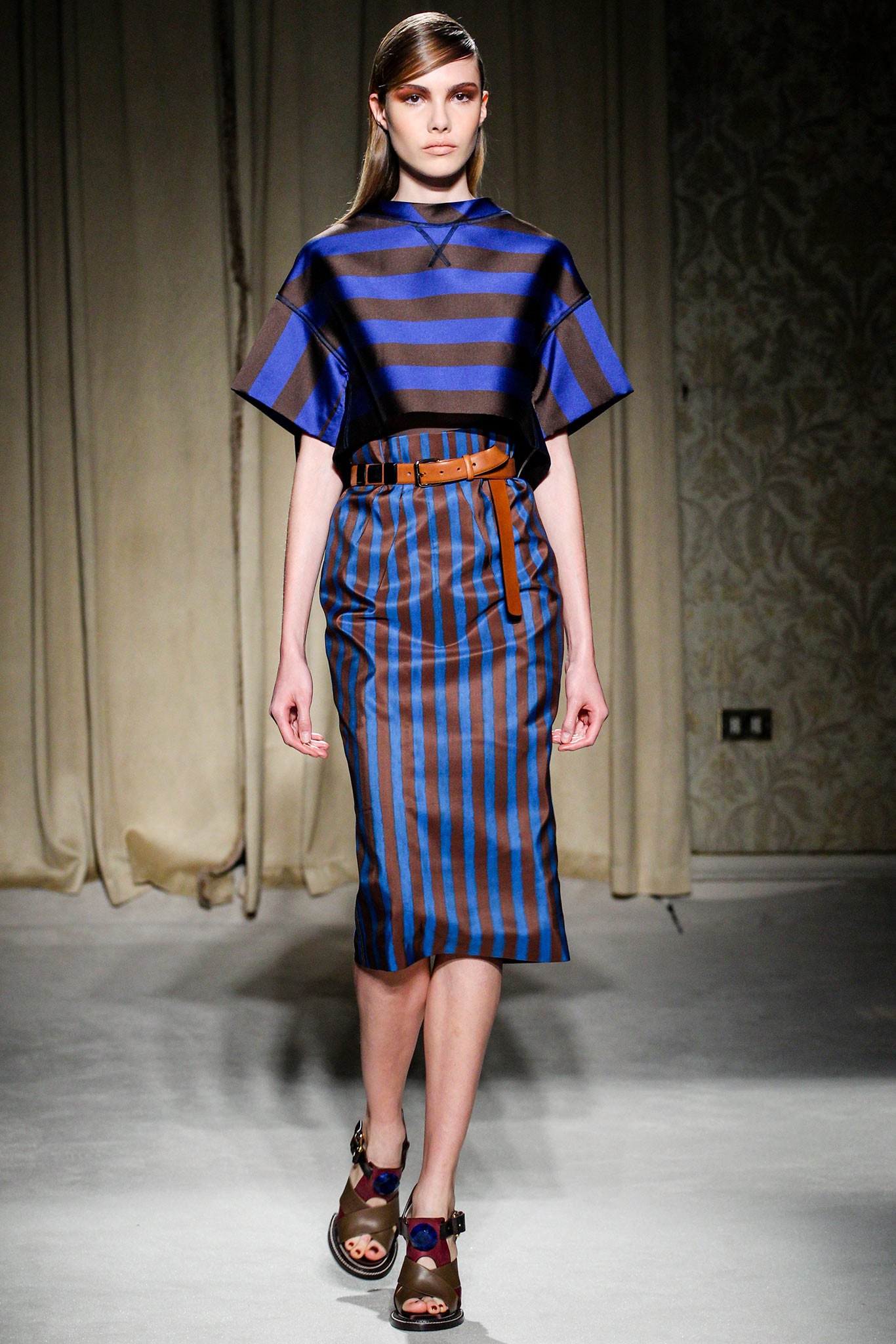 blue and brown striped top and pencil skirt
