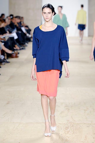 oversized blue top with coral skirt