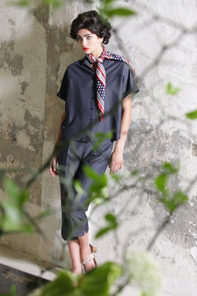 gray relaxed top with tailored pants