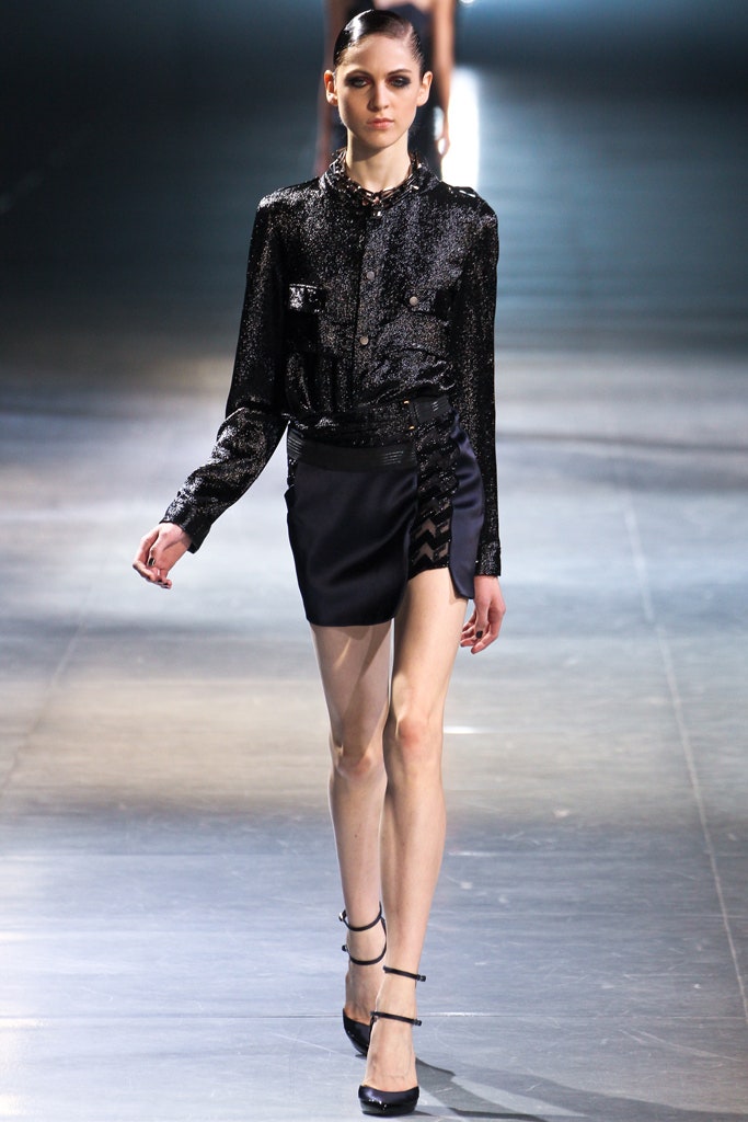 black silk shirt and mini skirt