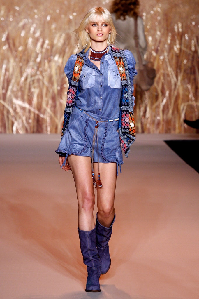 blue denim mini dress with crochet vest