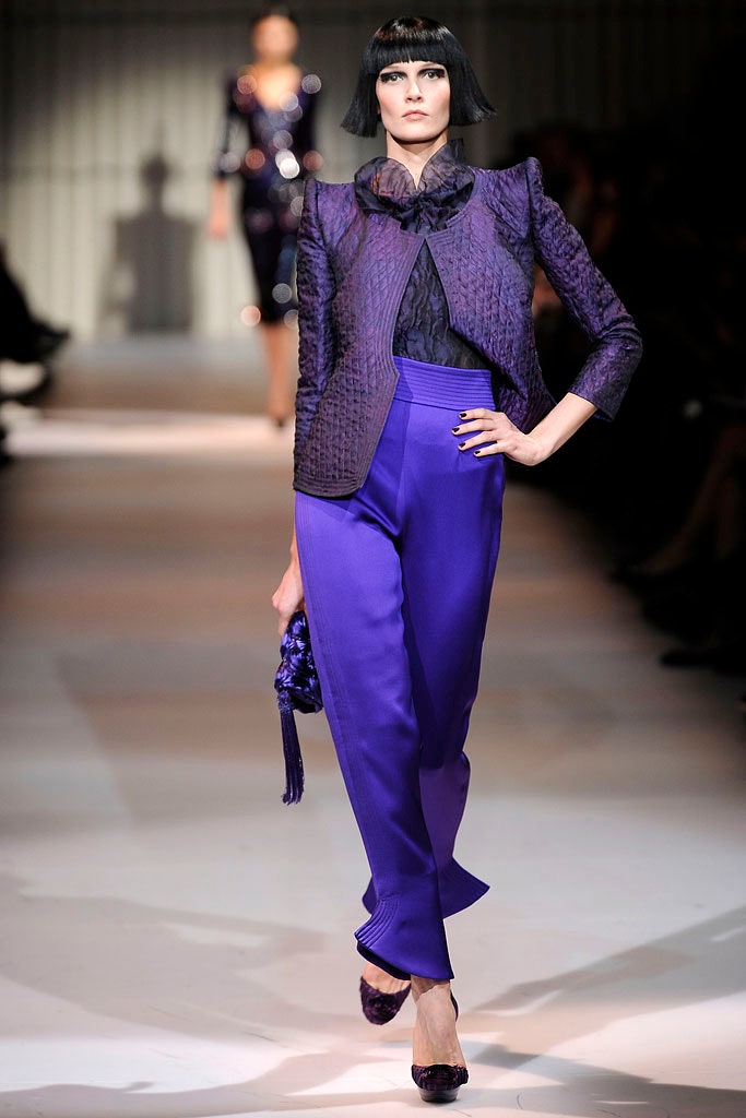 purple silk structured jacket and tailored pants