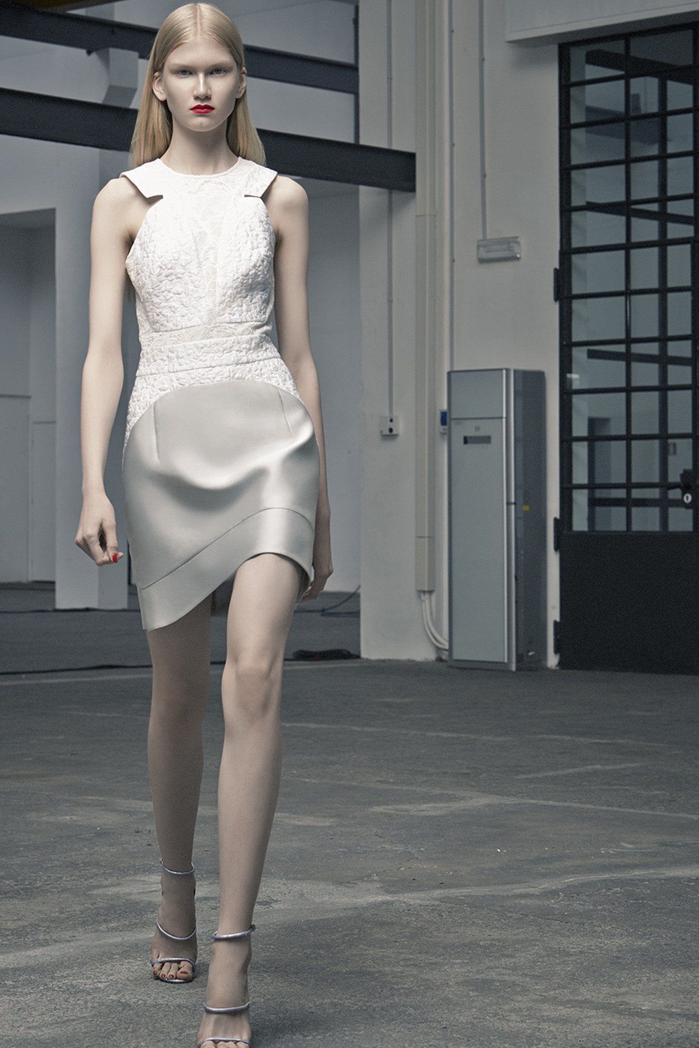 white and gray asymmetric dress