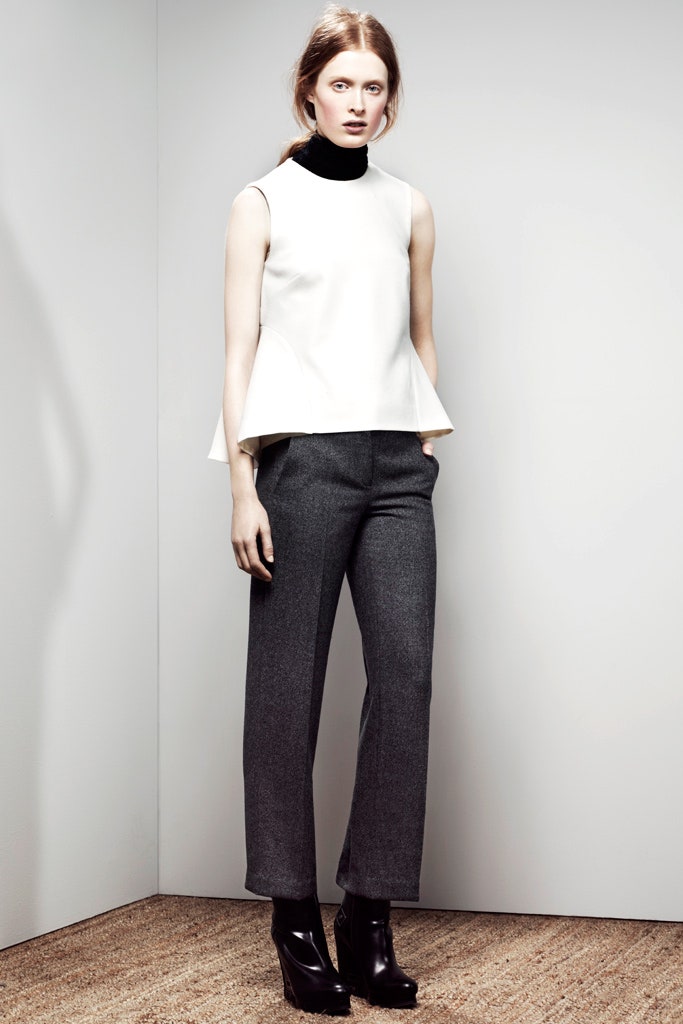 fitted white top with gray pants