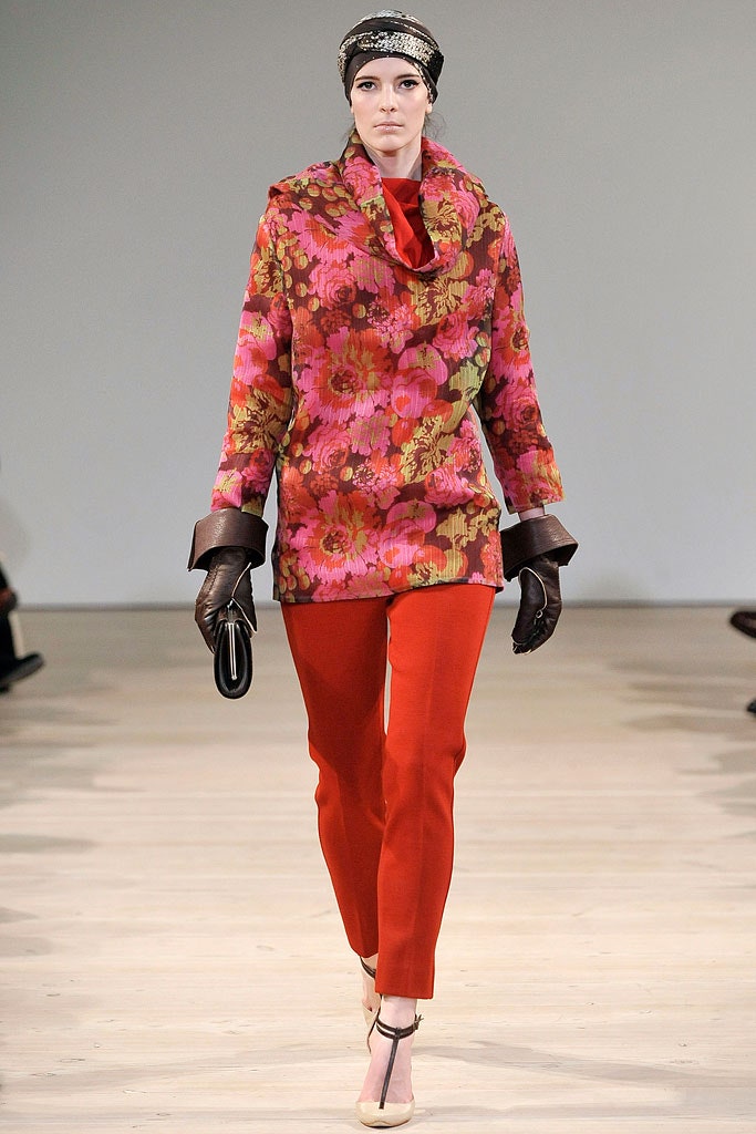 floral top with red pants