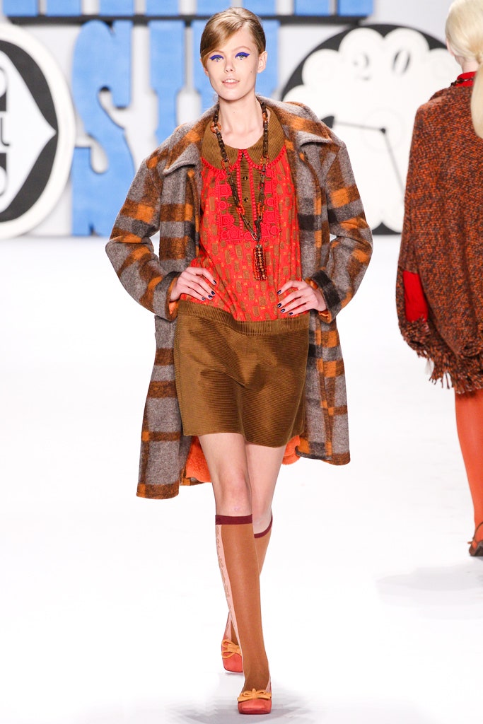gray striped wool coat with red top