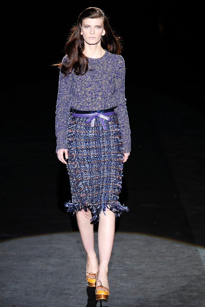 purple wool fitted top with fringed skirt