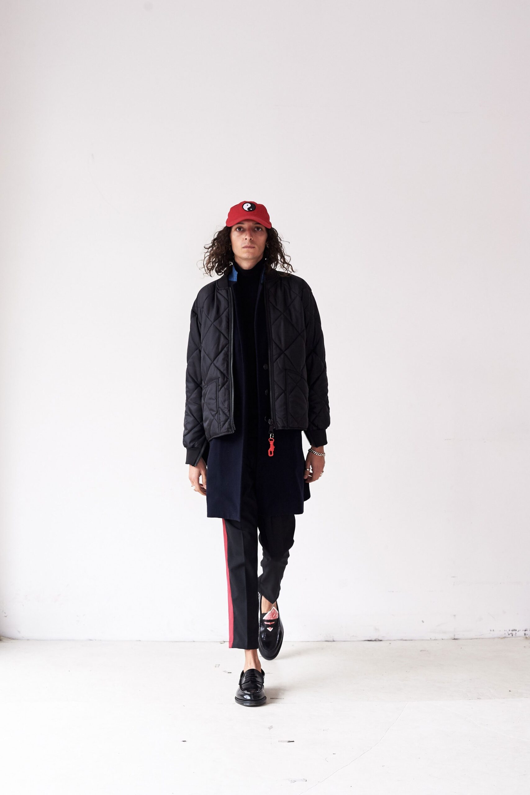 black quilted jacket with blue top