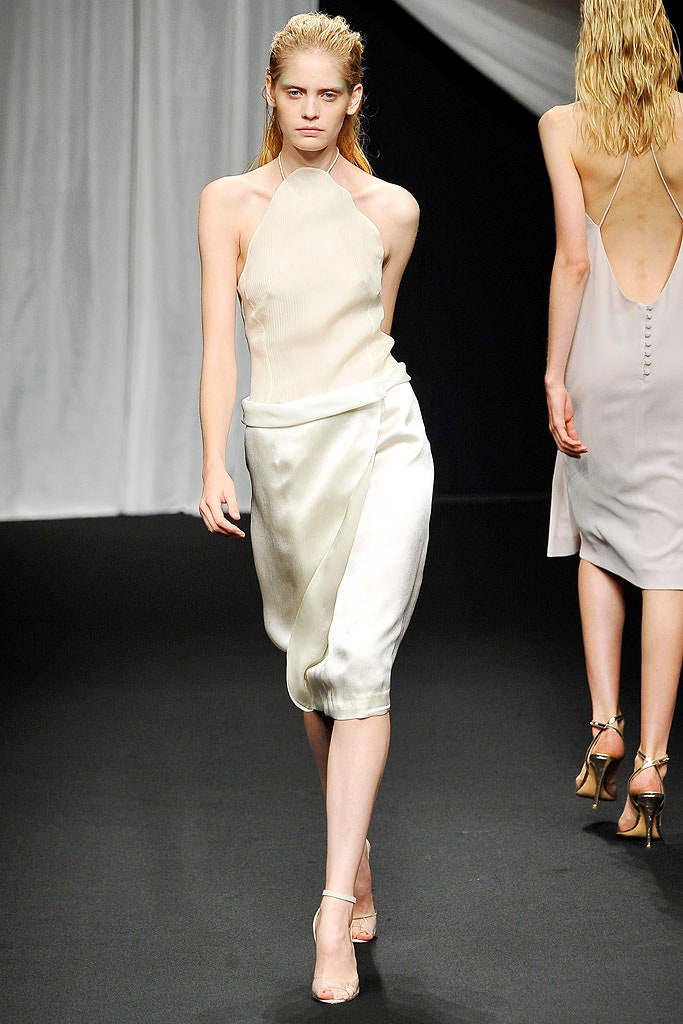 white silk sleeveless high-neck fitted draped midi dress